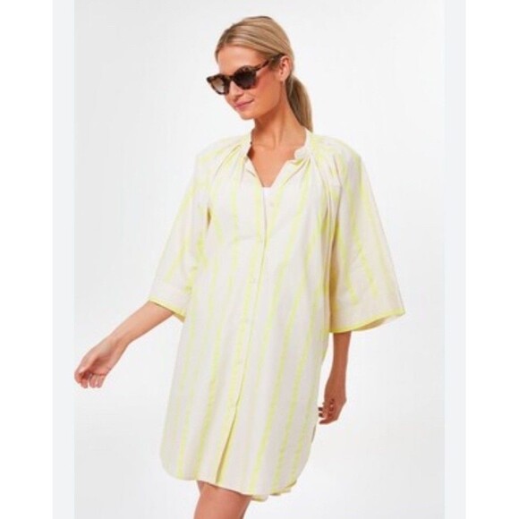 Pomander Place | Yellow and Creme Stripe Pia Oversized Swim Coverup Size Medium - Picture 2 of 16